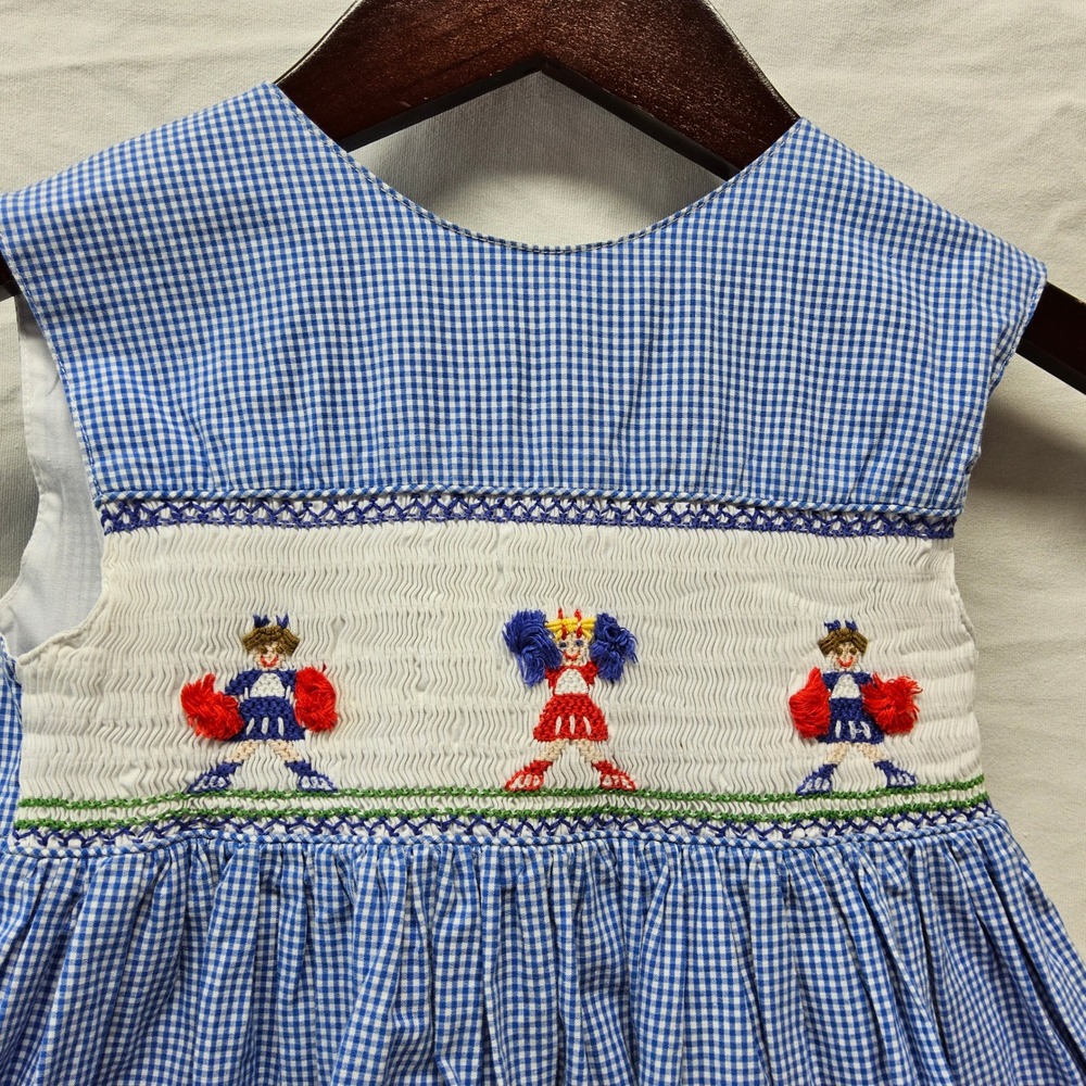 Orient Expressed Smocked Dress Kids 5 Blue Gingham Cheerleader Pompom Sleeveless